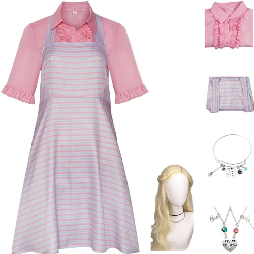 HSZCSMGS Glinda Kostüm Frauen Gestreiften Kleid Uniform Anzug Glinda Kostüm Erwachsene Halloween Party Glenda Cosplay (Rosa + Perücke, XXL) von HSZCSMGS