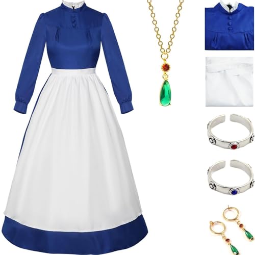 HSZCSMGS Howls Cosplay Kostüm Kleid Howl Ring Halskette Set Das Howls Movingcastle Cosplay Kostüm Halloween Party (Blau, S) von HSZCSMGS