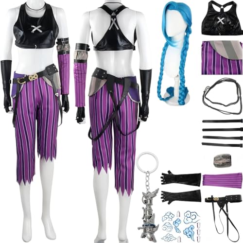 HSZCSMGS Jinxarcane Cosplay Kostüm Oberen Hosen Top Perücke Uniform Anzug Halloween Party Arcanejinx Cosplay Kostüm (Schwarz + Perücke, S) von HSZCSMGS