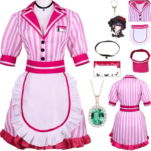HSZCSMGS Kitagawa Marin Cosplay Kostüm Gestreiftes Dienstmädchen Kostüm Perücke Set Halloween Party Shizuku Cosplay Kostüm (Rosa, XXXL) von HSZCSMGS