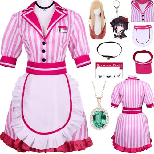 HSZCSMGS Kitagawa Marin Cosplay Kostüm Gestreiftes Dienstmädchen Kostüm Perücke Set Halloween Party Shizuku Cosplay Kostüm (Rosa + Perücke, XXXL) von HSZCSMGS