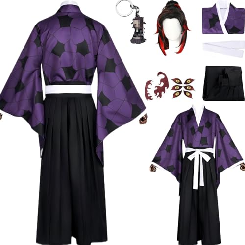 HSZCSMGS Kokushibo Cosplay Kostüm Hosen Top Set Kokushibo Perücke Optional Kokushibou Cosplay Kostüm Halloween-Party (Lila + Perücke, M) von HSZCSMGS