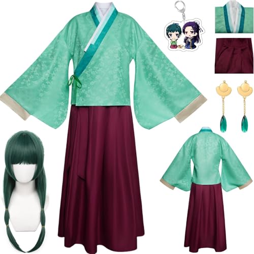 HSZCSMGS Maomao Cosplay Kostüm Kleid Halskette Ohrringe Perücke Set The Apothecary Diaries Cosplay Kostüm Halloween Party (Grün + Perücke, XXL) von HSZCSMGS