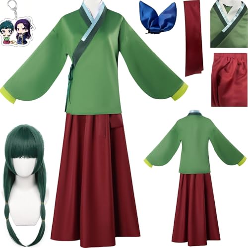 HSZCSMGS Maomao Cosplay Kostüm Kleid Halskette Ohrringe Perücke Set The Apothecary Diaries Cosplay Kostüm Halloween Party (Grün +A+ Perücke, XXXL) von HSZCSMGS