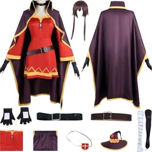 HSZCSMGS Megumin Cosplay Kostüm Kleid Cape Zubehör Megumin Perücke Set Megumi Cosplay Kostüm Halloween-Party (Rot + Perücke, XXL) von HSZCSMGS