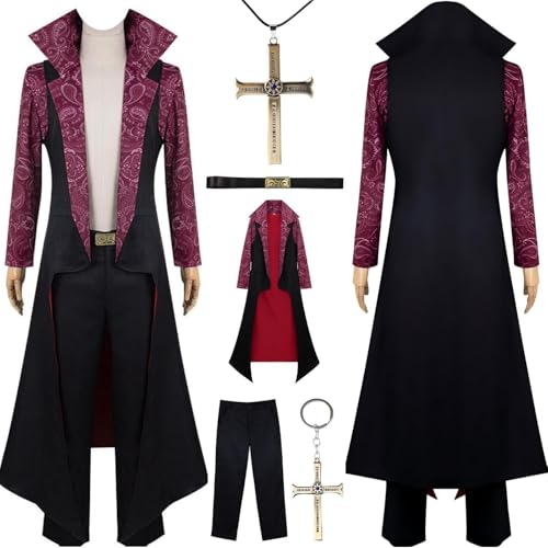 HSZCSMGS Mihawk Cosplay Kostüm Hosen Mantel Mihawk Halskette Set Falkenauge Mihawk Cosplay Kostüm Halloween-Party (Schwarz, S) von HSZCSMGS