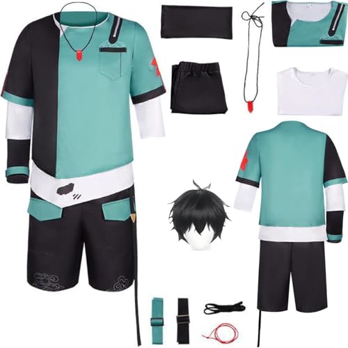 HSZCSMGS Neu Danheng Cosplay Kostüm Top Hosen Halskette Uniform Set Danheng Kostüm Halloween Party (Grün + Perücke, XXL) von HSZCSMGS