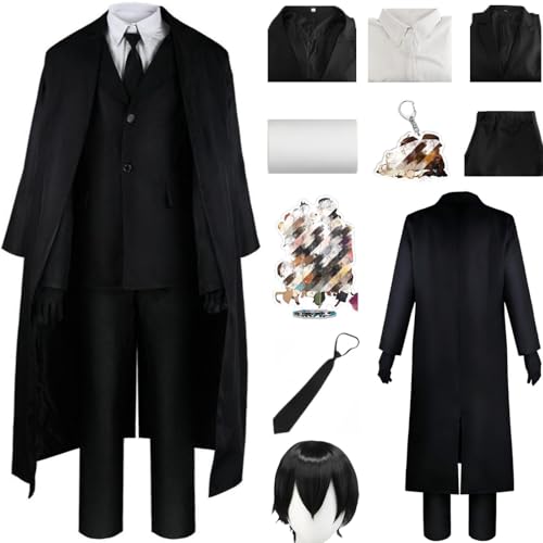 HSZCSMGS Osamu Dazai Cosplay Kostüm Hosen Hemd Mantel Dazai Perücke Set Chuuya Cosplay Kostüm Halloween-Party (Schwarz + Perücke, XXXL) von HSZCSMGS