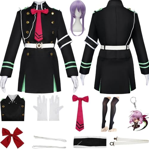 HSZCSMGS Shinoa Hiiragi Cosplay Kostüm Kleid Zubehör Perücke Set Hyakuya Mikaela Cosplay Kostüm Halloween-Party (Schwarz + Perücke, S) von HSZCSMGS