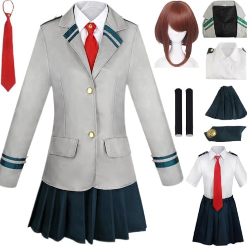 HSZCSMGS Shototodoroki Cosplay Kostüm Hemd Rock Top Perücke Set Ochaco Uraraka Cosplay Kostüm Halloween-Party (Grau+B+Perücke, S) von HSZCSMGS