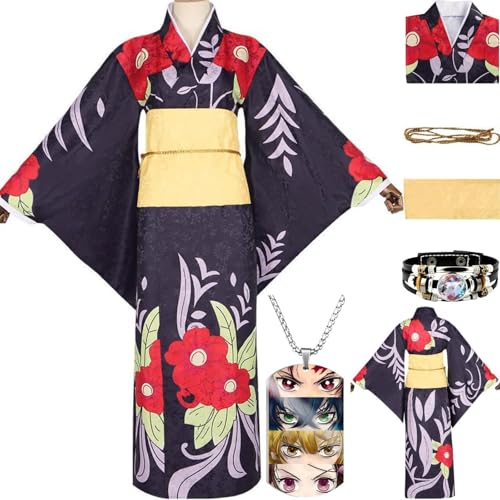 HSZCSMGS Tamayo Cosplay Kostüm Mantel Halskette Tamayo Perücke Set Mitsuri Kanroji Cosplay Kostüm Halloween-Party (Schwarz, XXL) von HSZCSMGS