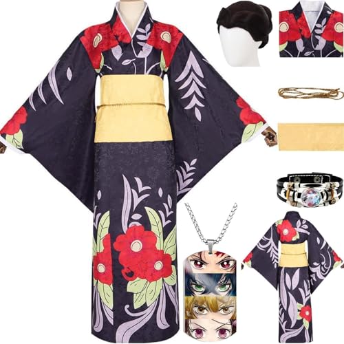 HSZCSMGS Tamayo Cosplay Kostüm Mantel Halskette Tamayo Perücke Set Mitsuri Kanroji Cosplay Kostüm Halloween-Party (Schwarz + Perücke, XL) von HSZCSMGS