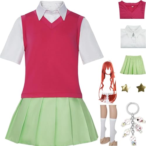 HSZCSMGS The Quintessential Quintuplets Cosplay Kostüm Rock Shirt Wig Set Nakano Ichika Cosplay Kostüm Halloween-Party (Rot + Perücke, XXXL) von HSZCSMGS