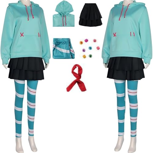 HSZCSMGS Vanellope Von Schweetz Cosplay Kostüm Top Kurzer Rock Perücke Set Vanellope Schweetz Kostüm Halloween Party (Grün, XXXL) von HSZCSMGS