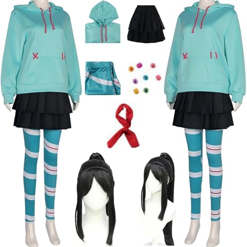 HSZCSMGS Vanellope Von Schweetz Cosplay Kostüm Top Kurzer Rock Perücke Set Vanellope Schweetz Kostüm Halloween Party (Grün + Perücke, 100) von HSZCSMGS