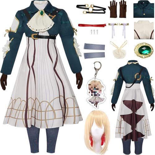 HSZCSMGS Violetevergarden Cosplay Kostüm Kleid Zubehör Perücke Set Evergarden Cosplay Kostüm Halloween Party (Grün + Perücke, L) von HSZCSMGS