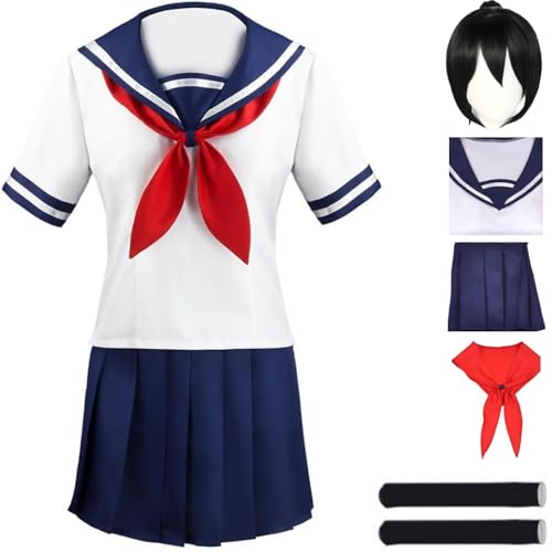 HSZCSMGS Yandere Simulator Cosplay Kostüm Kurzen Rock Perücke Set Ayano Aishi Cosplay Kostüm Halloween-Party (Weiß + Perücke, M) von HSZCSMGS