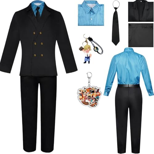Sanji Cosplay Kostüm Hosen Mantel Hemd Sanji Perücke Set Mihawk Cosplay Kostüm Halloween-Party (Blau, M) von HSZCSMGS