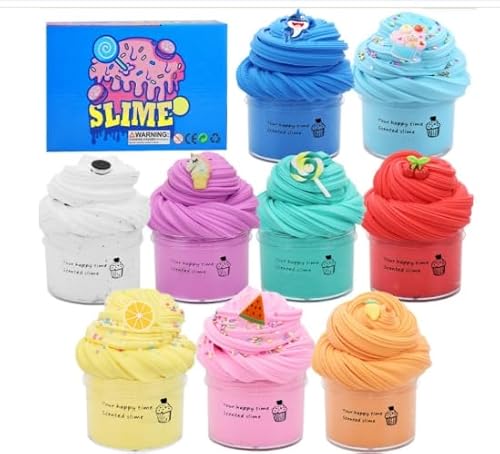 10 Pack Butter Slime, Fruit Slime Set, 60 ml Clear Slime für Kinder, Scented DIY Slime Toys, Cute Stuff Party Favors, matschiges Spielzeug, Bastelbedarf, Slime Kit für Mädchen, Jungen (9pcs) von HTGWCG