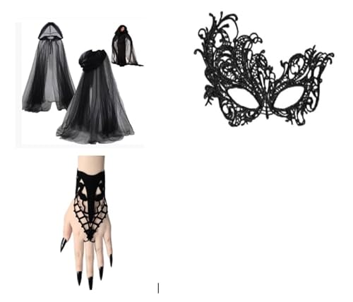 3er Schwarzer Umhang mit Kapuze Set,170cm Halloween Umhang Samt mit SpitzeMaske & Gothic Finger Kette Vampir Umhang Damen Darth Vader Mittelalter Cape Vampire Kostüm für Karneval Fasching Partys von HTGWCG