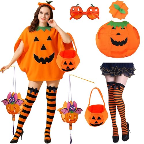 6-teiliges Halloween-Kürbis-Kostüm-Set für Kinder und Erwachsene – inklusive Kostüm, Socken, Brille und Handtasche, Fahrradständer, höhenverstellbarer Fahrradständer, Fahrradständer für 61-73 cm von HTGWCG