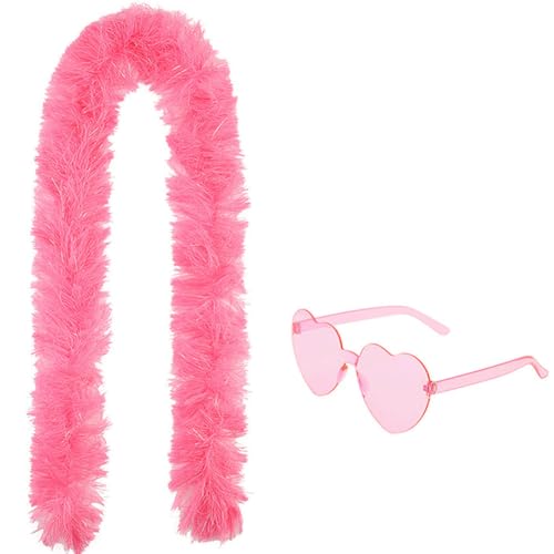 Flauschige Truthahnfedern Boa, Flauschige Federboa, Feder Boas Zubehör, Herzförmige Brille 1.5 Meter Federschal Karneval Kostümzubehör Geeignet für Cosplay Partys Maskerade Party Karneval (Rosa) von HTGWCG