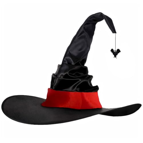 Großer schwarzer Hexenhut mit Fledermaus – Halloween-Hexenhüte für Frauen, Kostümzubehör, perfekt für Party, Cosplay, Hexenzubehör von HTGWCG