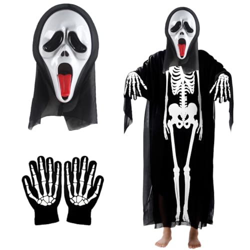 Halloween Skelett Kostüm 80cm, Halloween Kinder Kostüm, Skelett Gesichtsmaske Schädel Handschuhe und S-kelett Robe, Halloween Kostüm Kinder für Jungen Mädchen von HTGWCG