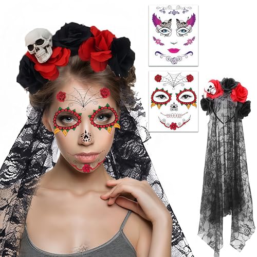 Halloween Tag der Toten Haarreif und Schleier Gesicht Tattoos, Mexikanische Stirnband Rosen Totenkopf Kopfschmuck Haarband Frauen Damen Kostüm Accessoires von HTGWCG