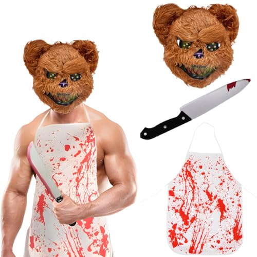 Horror Bär Kostüm Halloween, Horror Bärenmaske, mit Blutige Schürze, Spielzeug Küchenmesser Halloween Kostüm Party Cosplay Requisiten für Erwachsene Horror Bär Kostüm Halloween, Horror Bärenmaske, mit Blutige Schürze, Spielzeug Küchenmesser Halloween Kostüm Party Cosplay Requisiten für Erwachsene von HTGWCG