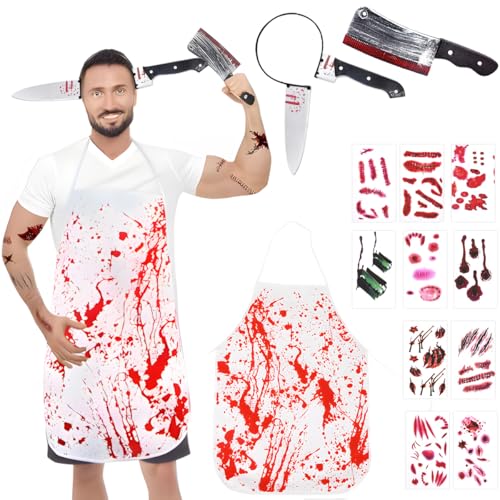 Metzger Kostüm Halloween, Metzger Kostüm Herren & Damen, Blutige Schürze Haarschmuck mit Messer Halloween Axt Im Kopf und 10 Stück Narben Tattoos, Zombie Fasching Karneval Dekoration von HTGWCG