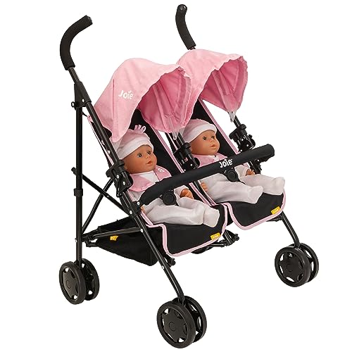 Joie Aire Zwillingskinderwagen | Kinder-Doppel-Kinderwagen in Schwarz & Pink | Kinder-Babypuppen-Kinderwagen, Spielzeug, Regenschirm, faltbarer Kinderwagen | Rollenspiel-Spielzeug, Puppen und von HTI
