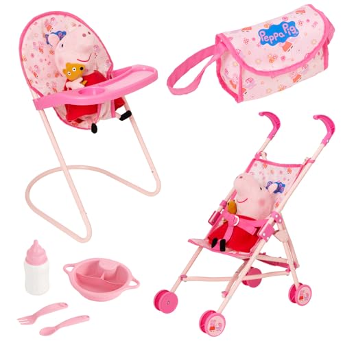 Peppa Pig Puppen-Kinderzimmer Set Pink | 7-teiliges Spielset mit Buggy, Hochstuhl, Besteck, Wickeltasche & Zubehör | Puppenwagen & Buggy für Rollenspiele | Ab 3 Jahren geeignet von HTI