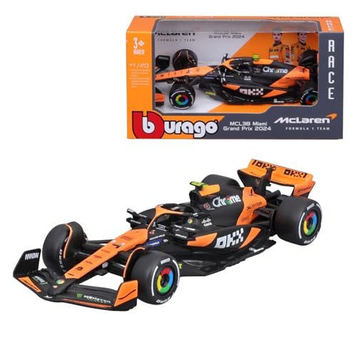 Bburago Formel 1 McLaren Team MCL38 (2024): Modellauto im Maßstab 1:43, von Fahrer #4 Lando Norris, Window Box, 12,5 cm, schwarz orange (18-38214N) von Bburago