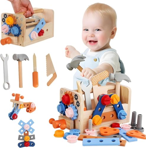 Holzspielzeug Werkzeugkoffer Kinder, Kinder Werkzeugkasten, Montessori Spielzeug, Werkzeugkasten Kinderwerkbank, Geschenke für 2 3 4 jährige Jungen und Mädchen (37 Stück) von HTRTRR