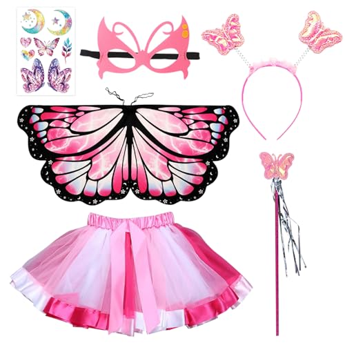 HTTDSLF 6 Stück Schmetterlingsflügel Kinder, Schmetterlingsflgel Flgel Kostm, Schmetterling Flügel Kostüm, Kinder Schmetterlingskostüm für Halloween Karneval Fasching Cosplay, 3-8 Jahre, Rosa von HTTDSLF