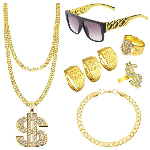 HTTDSLF 8 Stück Hip Hop Kostüm Set, 80er 90er Jahre Outfit Herren, Rapper Accessoires für Zuhälter Kostüm Set, Dollar Kette/Große Goldene Kette/Dollar Ring/Goldenes für Karneval Fasching HTTDSLF 8 Stück Hip Hop Kostüm Set, 80er 90er Jahre Outfit Herren, Rapper Accessoires für Zuhälter Kostüm Set, Dollar Kette/Große Goldene Kette/Dollar Ring/Goldenes für Karneval Fasching von HTTDSLF