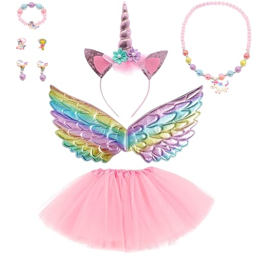 HTTDSLF Einhorn Kostüm Prinzessin Set, 9 Stück Einhorn Kostüm Kinder, Tutu Rock mit Einhorn Haarreif Flügel Schmuck, Einhorn Geschenk für Cosplay Kindergeburtstag Karneval Halloween(2-7 Jahre) von HTTDSLF