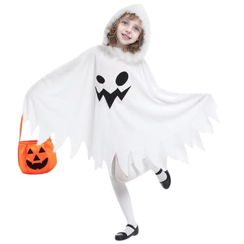 HTTDSLF Halloween Geister Kostüm Kinder, Umhang Gespenst Weiß mit Kürbis Candy Bag, Gespenst Kostüm mit Kapuze für Mädchen Jungen Kinder, Ghost Cape für Halloween Party Fancy Kleid Cosplay Karneval von HTTDSLF