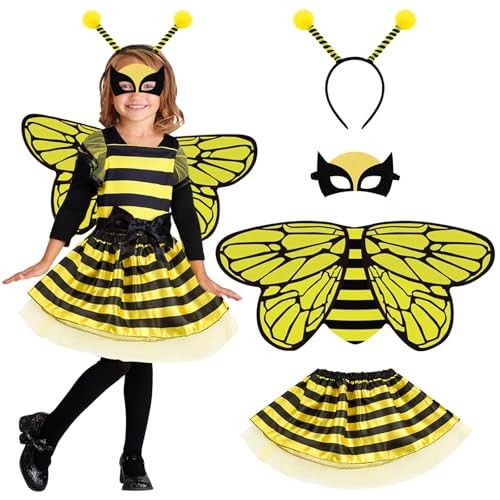 HTTDSLF Hummel Bienen Kostüm für Kinder Mädchen, Bienenkostüm Kinder mit Flügeln Stirnband Streifen Rock für Karneval Halloween Cosplay Rollenspiele Kostüm Karneval von HTTDSLF