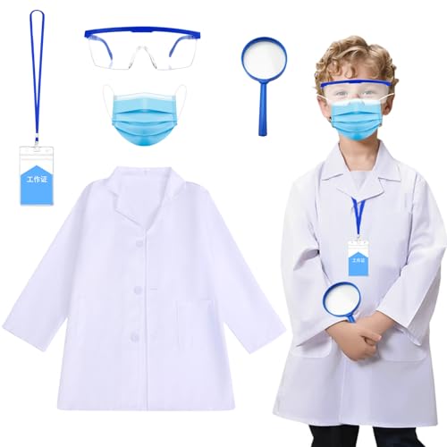 HTTDSLF Kinder Wissenschaftler Kostüm, Arzt Kostüm Arztkittel Kinder ab 3 jahre mit Labormantel, Schutzbrille, ID -Karte, Lupe und Gesichtsmaske, Rollenspiel für ab 3 Jahren von HTTDSLF