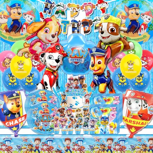 HTTMTTS Paw Dog Patrol Geburtstag Deko, 96 Stück Paw Dog Patrol Geschirr Set mit Luftballons, Tortendeko, Servietten, Tischdecke, Papptellern und Kinderbesteck für Paw Dog Patrol Kindergeburtstag von HTTMTTS