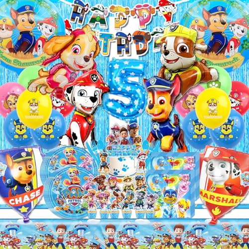 HTTMTTS Paw Dog Patrol Geburtstag Deko 5 Jahre, 96 Stück Paw Dog Patrol Geschirr mit Luftballons, Tortendeko, Servietten, Tischdecke, Papptellern und Kinderbesteck für Paw Dog Patrol Kindergeburtstag von HTTMTTS