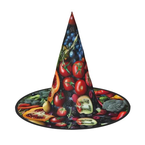Faschingshexenhut mit frischem Obst und Gemüse bedruckt, Halloween-Kostümzubehör, Faltkappe, Partydekoration von HTTUP