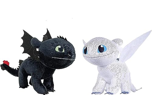 HTTYD Drachenzähmen leicht gemacht - Dragons - Pack 2 Plüsch Light Fury weiße + Ohnezahn Toothless schwarz - Qualiät super Soft 11'80"/30cm (40 cm Schwanz enthalten) von HTTYD