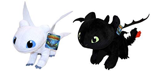 HTTYD Drachenzähmen leicht gemacht - Dragons - Pack 2 Plüsch Light Fury weiße + Ohnezahn Toothless schwarz - Qualiät super Soft 11'80"/30cm (40 cm Schwanz enthalten) von HTTYD