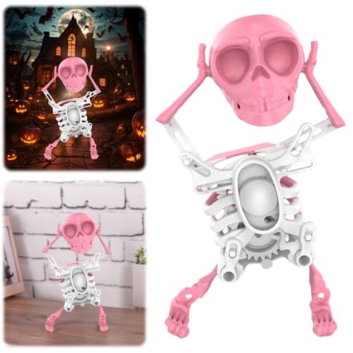HTU Tanzender und Schaukelnder 3D-Schädelspielzeug, Spaßiges 3D-Schaukel-Skelett Uhrwerk-Spielzeug zur Schreibtischdekoration und Stressabbau, Halloween Partygeschenk - PINK von HTU