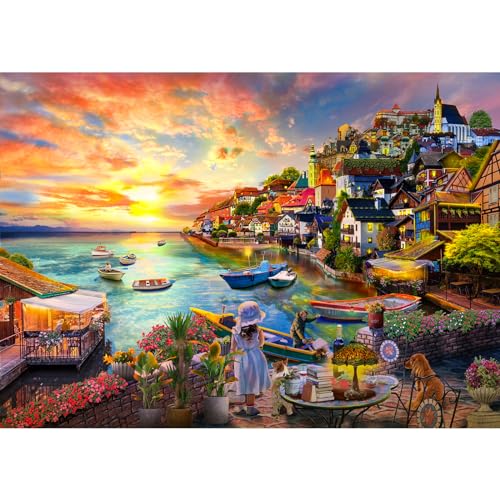 HUADADA Puzzle 1000 Teile für Erwachsene, Impossible Geschicklichkeitsspiel für Die Ganze Familie, Farbenfrohes Legespiel - Aurora in Norwegen, Home Dekoration-Mädchen am Meer von HUADADA