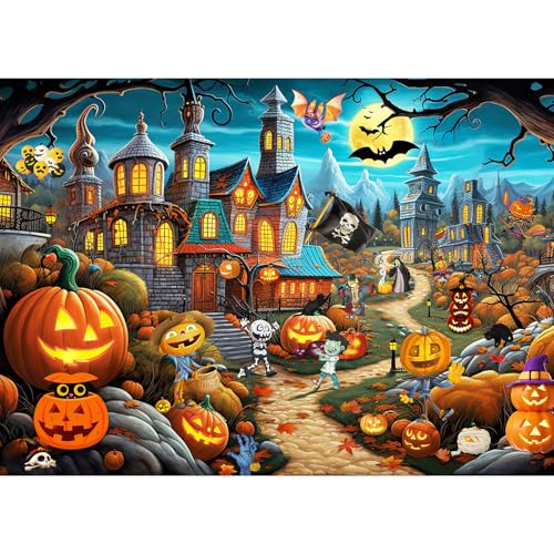 HUADADA Puzzle 1000 Teile für Erwachsene und Kinder, Impossible Game, Puzzles-Geschenk, Clevere Rätsel, Puzzles Farbenfrohes, Puzzle mit Halloween Village-Motiv von HUADADA
