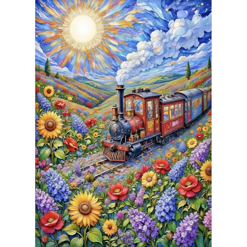 HUADADA Puzzle für Erwachsene, 1000 Teile, exklusiv bei Amazon, 1000 Teile, Puzzles für Erwachsene, brillante Blumenfeld-Zug von HUADADA